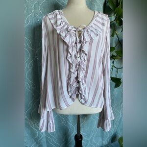 American Eagle Long Ruffle Sleeve & Front Tie Striped